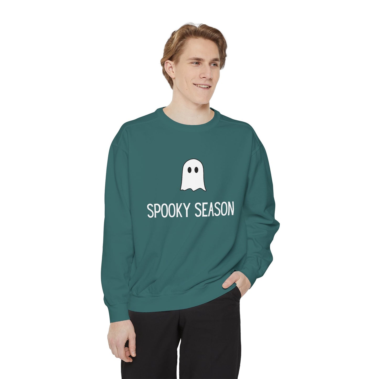 HALLOWEEN  Ghostly Unisex Garment-Dyed Sweatshirt, Cozy Fall Apparel, Halloween Sweater, Casual Wear, Comfy Ghost Top, Unique Gift Idea