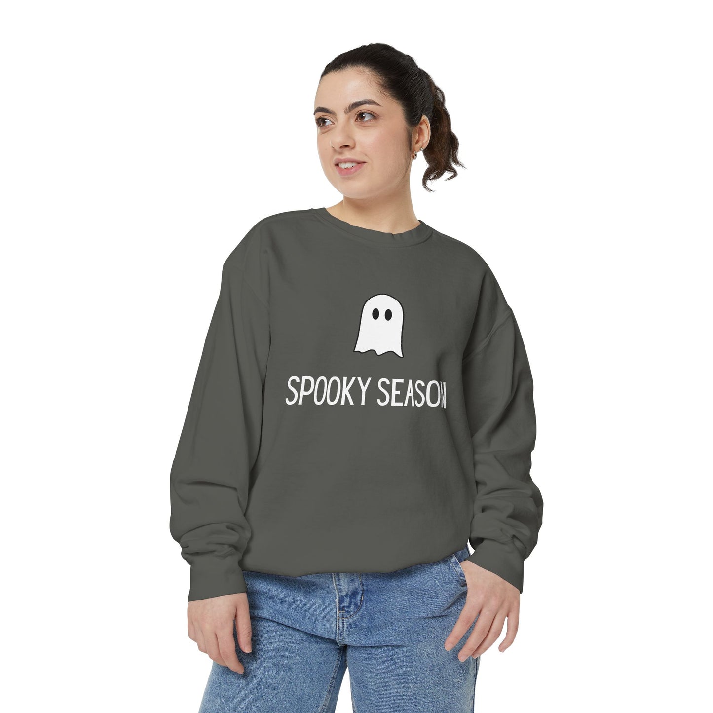 HALLOWEEN  Ghostly Unisex Garment-Dyed Sweatshirt, Cozy Fall Apparel, Halloween Sweater, Casual Wear, Comfy Ghost Top, Unique Gift Idea