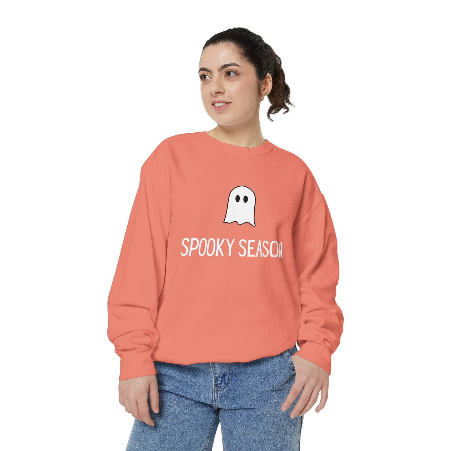 HALLOWEEN  Ghostly Unisex Garment-Dyed Sweatshirt, Cozy Fall Apparel, Halloween Sweater, Casual Wear, Comfy Ghost Top, Unique Gift Idea