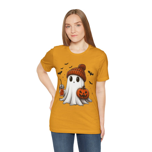 HALLOWEEN GHOST WITH A DRINK Unisex Jersey Short Sleeve Tee