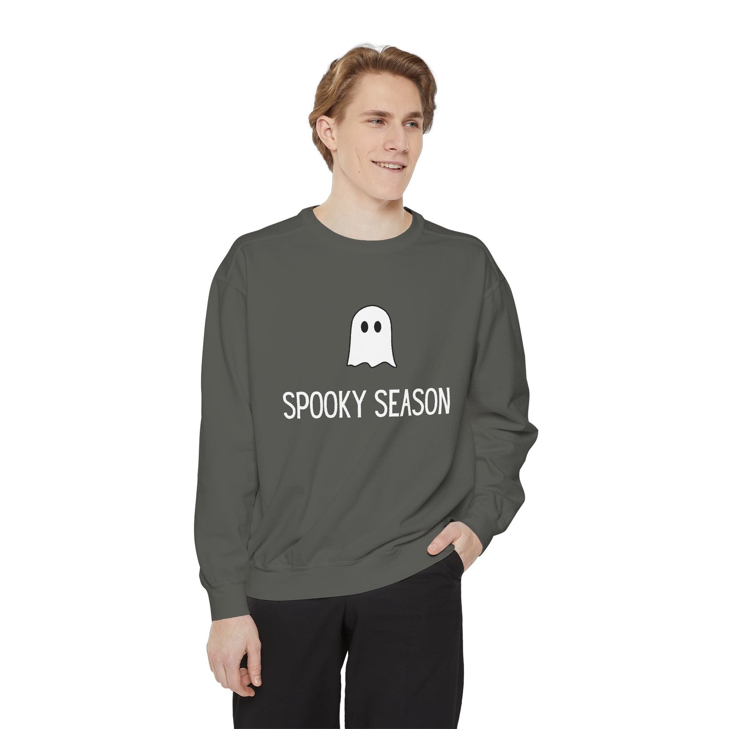HALLOWEEN  Ghostly Unisex Garment-Dyed Sweatshirt, Cozy Fall Apparel, Halloween Sweater, Casual Wear, Comfy Ghost Top, Unique Gift Idea