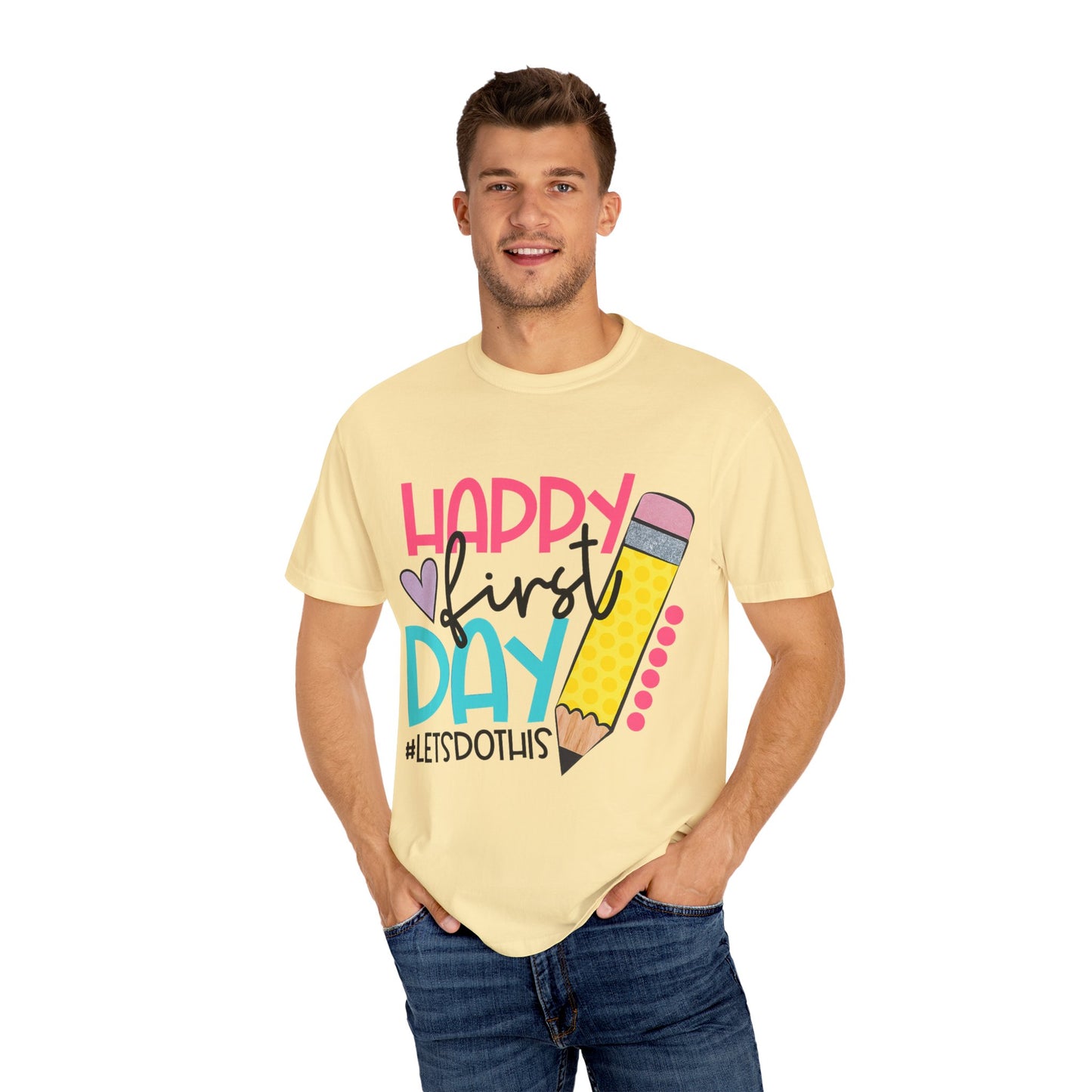 BACK TO SCHOOL TEACHER Happy First Day T-Shirt , Kids School Apparel, Unisex Garment-Dyed Top