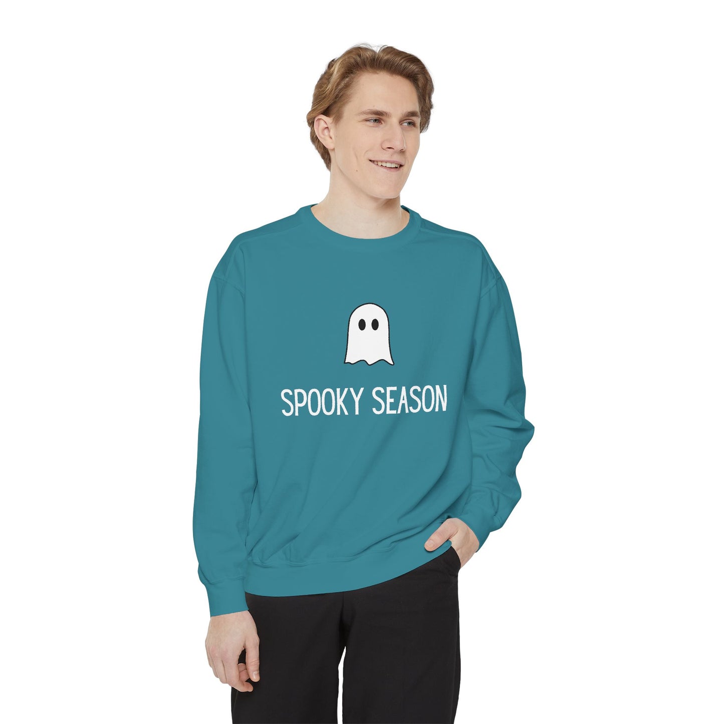 HALLOWEEN  Ghostly Unisex Garment-Dyed Sweatshirt, Cozy Fall Apparel, Halloween Sweater, Casual Wear, Comfy Ghost Top, Unique Gift Idea
