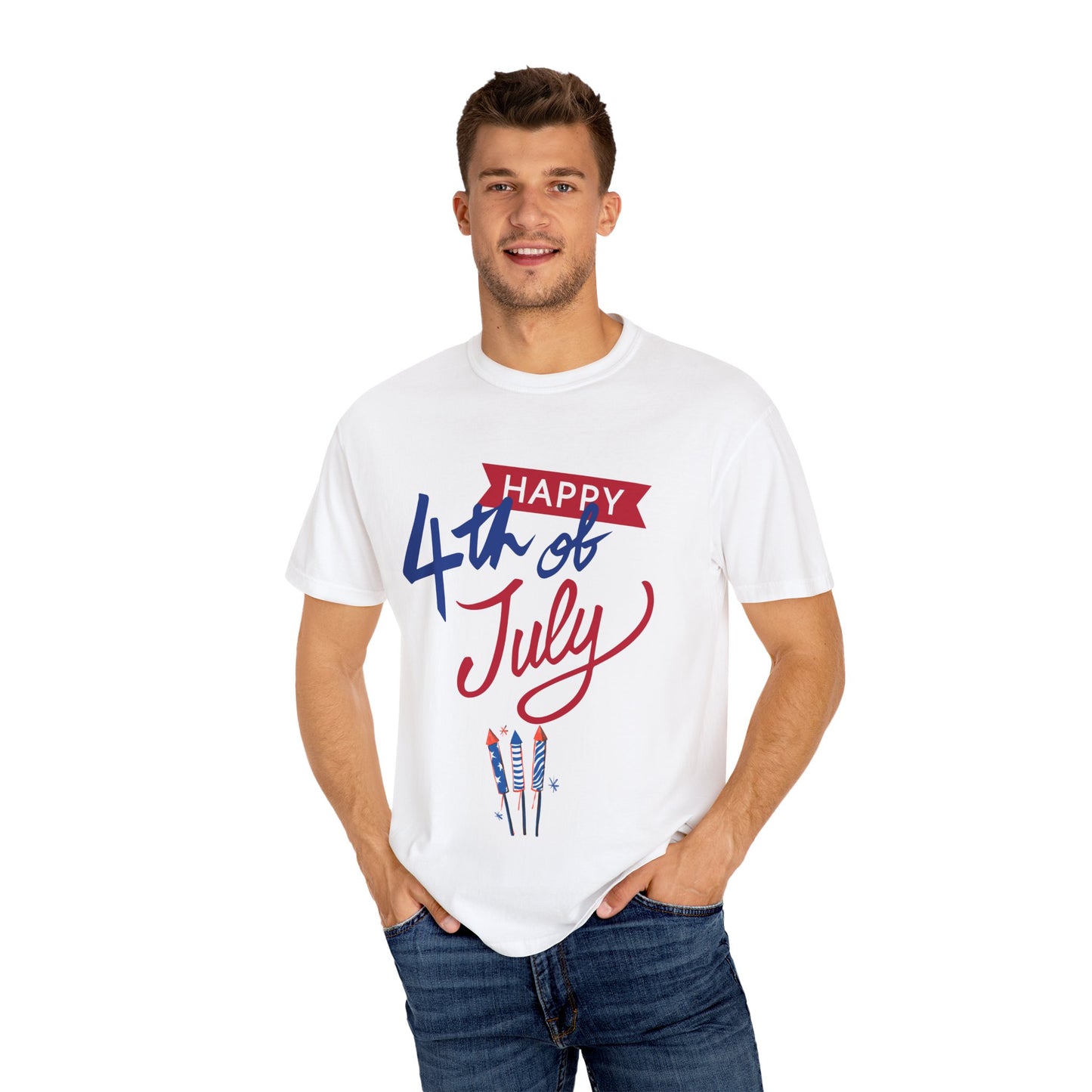 Happy 4th of July Unisex T-shirt, Patriotic Tee for Independence Day, Summer Celebration Shirt, Fireworks Design, Gift for Friends