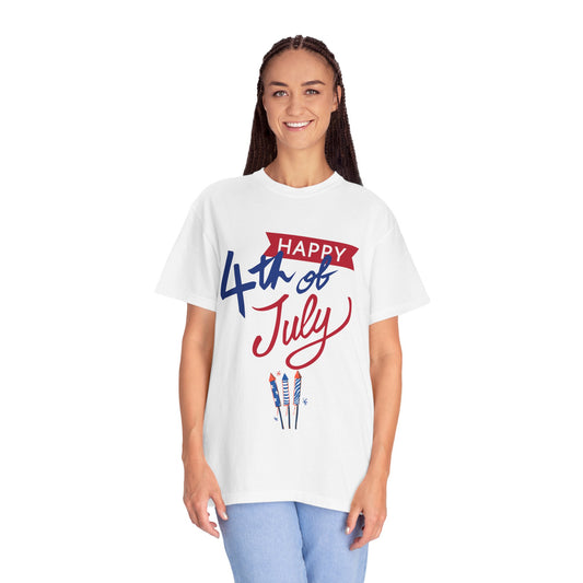 Happy 4th of July Unisex T-shirt, Patriotic Tee for Independence Day, Summer Celebration Shirt, Fireworks Design, Gift for Friends