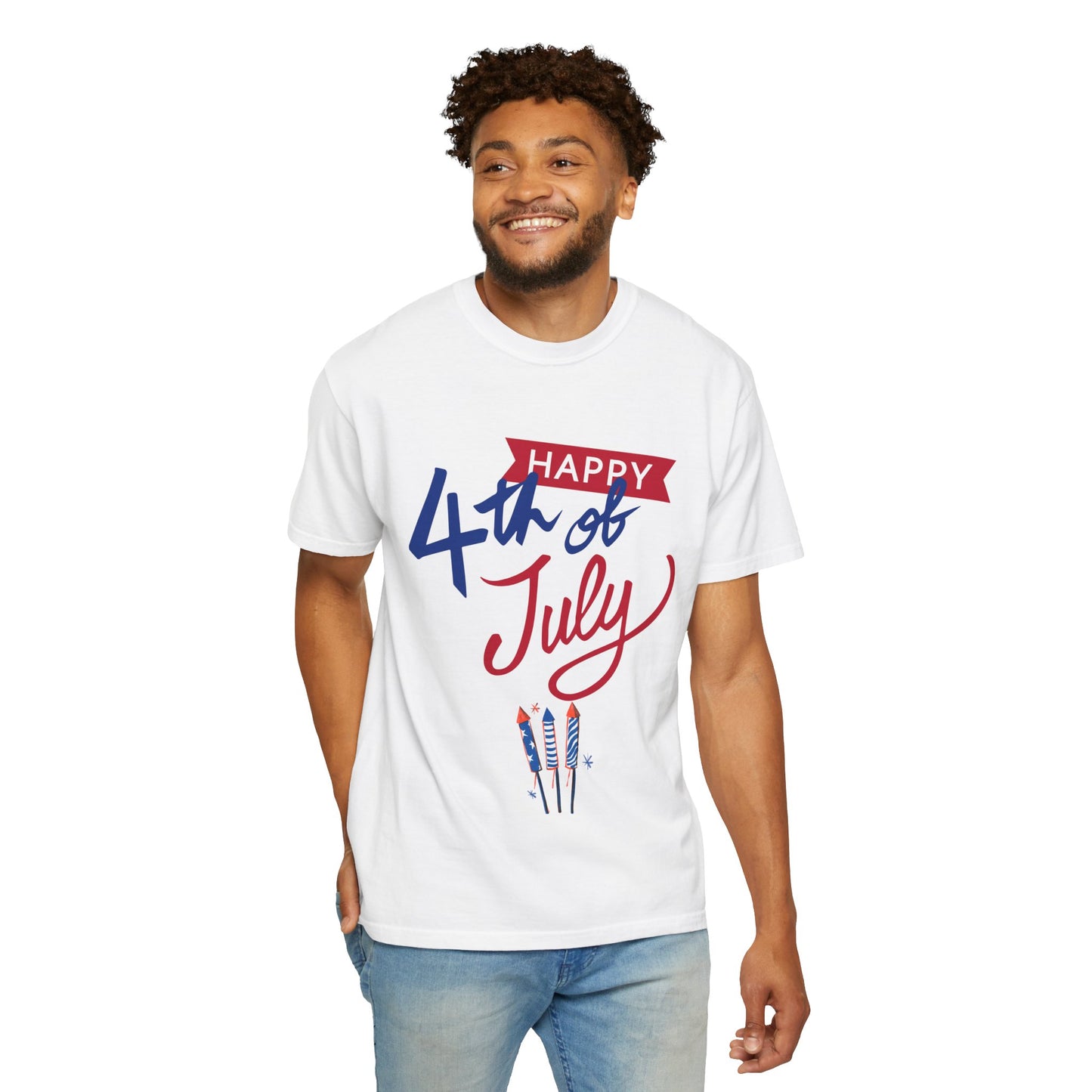 Happy 4th of July Unisex T-shirt, Patriotic Tee for Independence Day, Summer Celebration Shirt, Fireworks Design, Gift for Friends