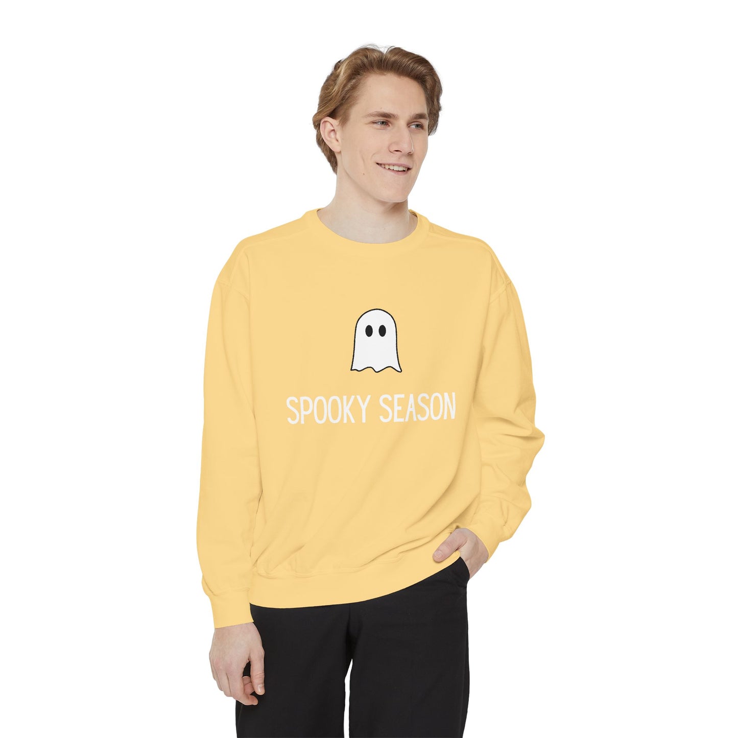 HALLOWEEN  Ghostly Unisex Garment-Dyed Sweatshirt, Cozy Fall Apparel, Halloween Sweater, Casual Wear, Comfy Ghost Top, Unique Gift Idea