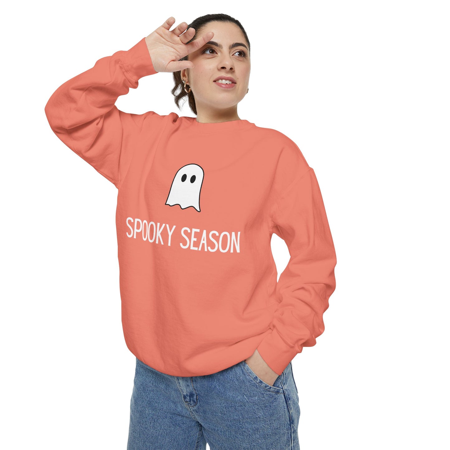 HALLOWEEN  Ghostly Unisex Garment-Dyed Sweatshirt, Cozy Fall Apparel, Halloween Sweater, Casual Wear, Comfy Ghost Top, Unique Gift Idea