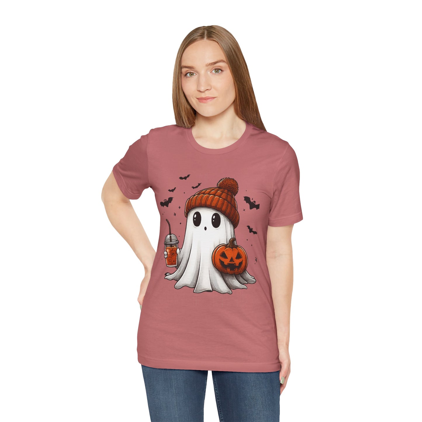 HALLOWEEN GHOST WITH A DRINK Unisex Jersey Short Sleeve Tee