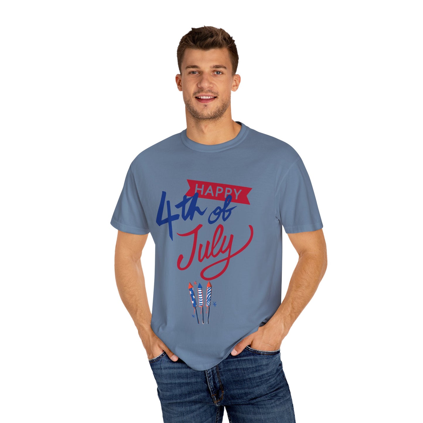 Happy 4th of July Unisex T-shirt, Patriotic Tee for Independence Day, Summer Celebration Shirt, Fireworks Design, Gift for Friends