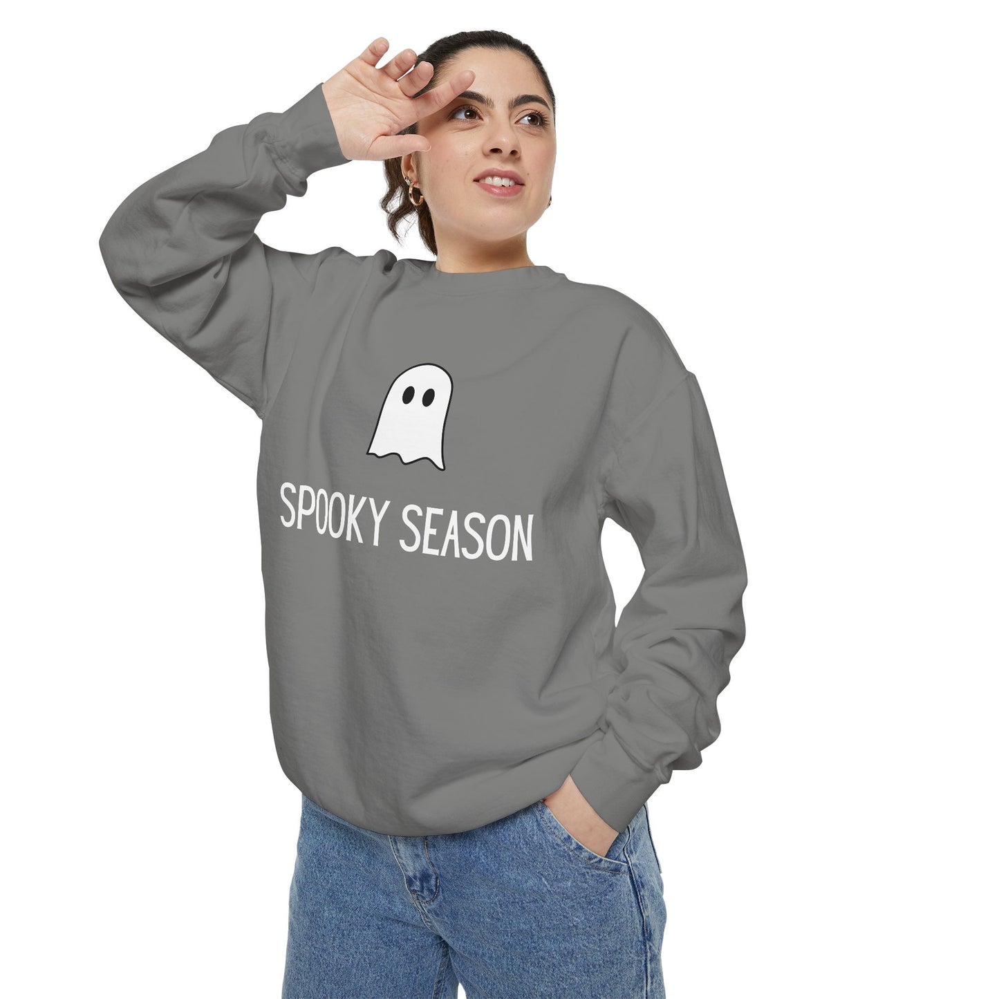 HALLOWEEN  Ghostly Unisex Garment-Dyed Sweatshirt, Cozy Fall Apparel, Halloween Sweater, Casual Wear, Comfy Ghost Top, Unique Gift Idea