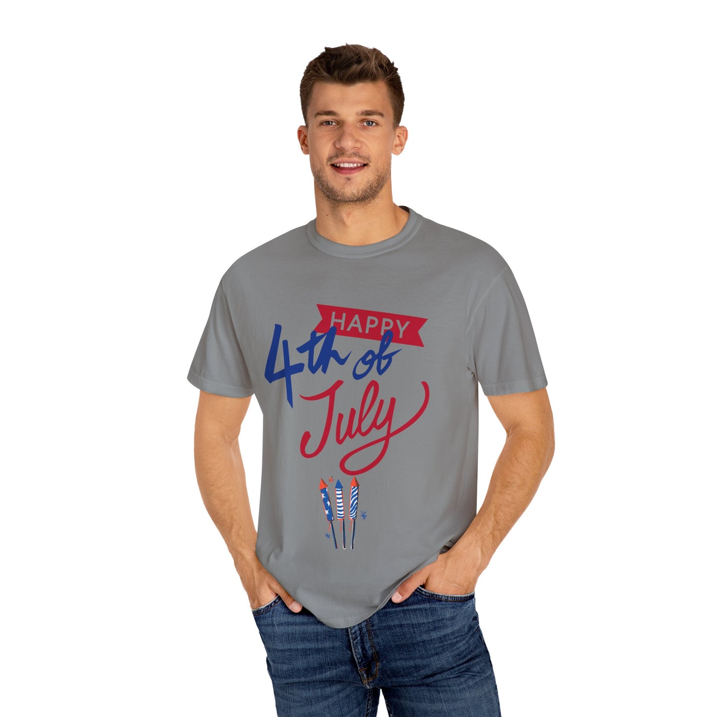 Happy 4th of July Unisex T-shirt, Patriotic Tee for Independence Day, Summer Celebration Shirt, Fireworks Design, Gift for Friends