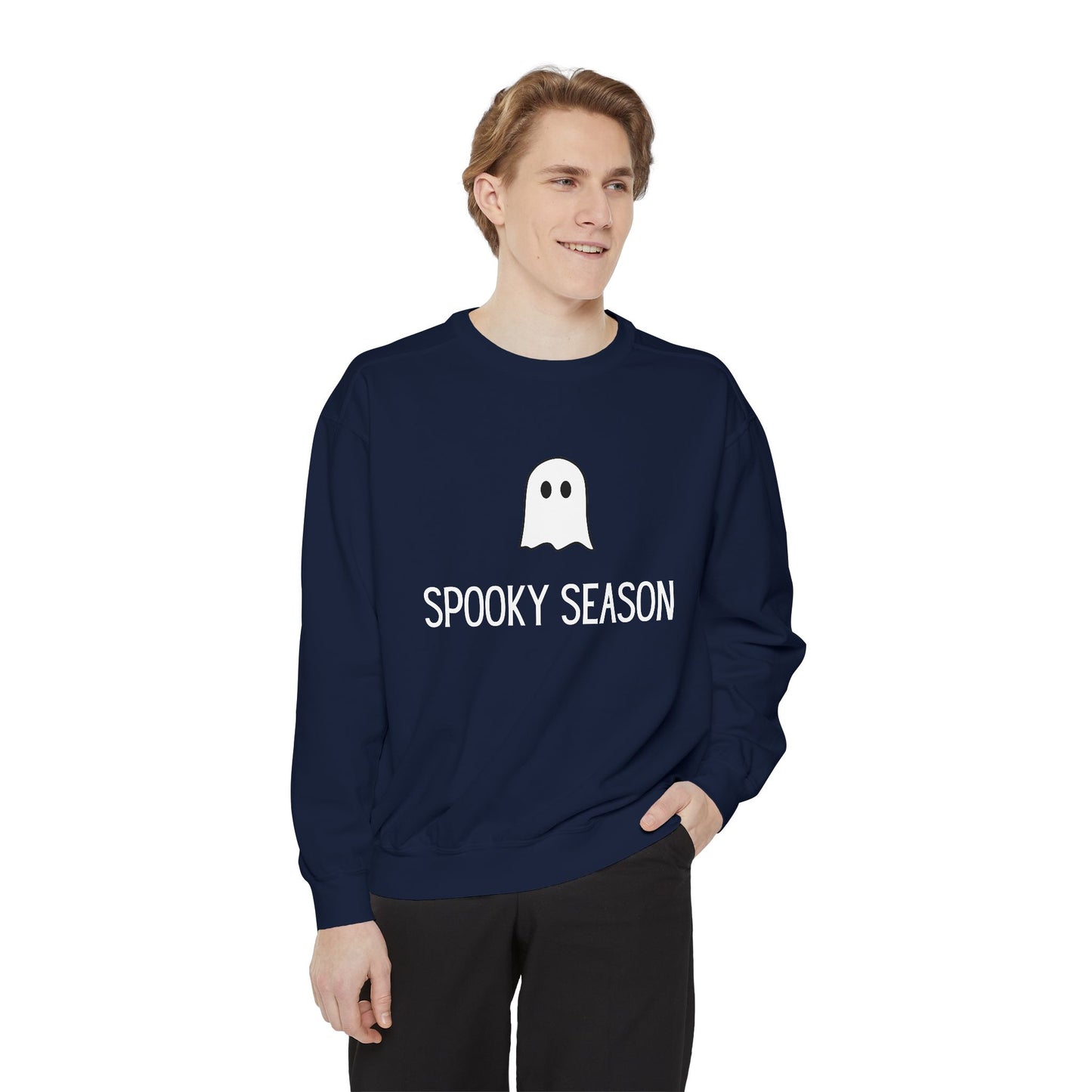 HALLOWEEN  Ghostly Unisex Garment-Dyed Sweatshirt, Cozy Fall Apparel, Halloween Sweater, Casual Wear, Comfy Ghost Top, Unique Gift Idea