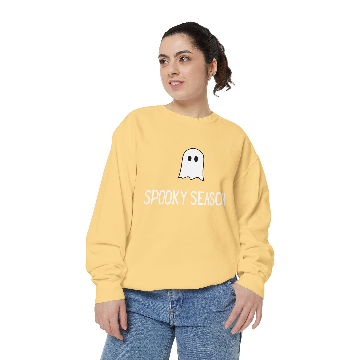 HALLOWEEN  Ghostly Unisex Garment-Dyed Sweatshirt, Cozy Fall Apparel, Halloween Sweater, Casual Wear, Comfy Ghost Top, Unique Gift Idea
