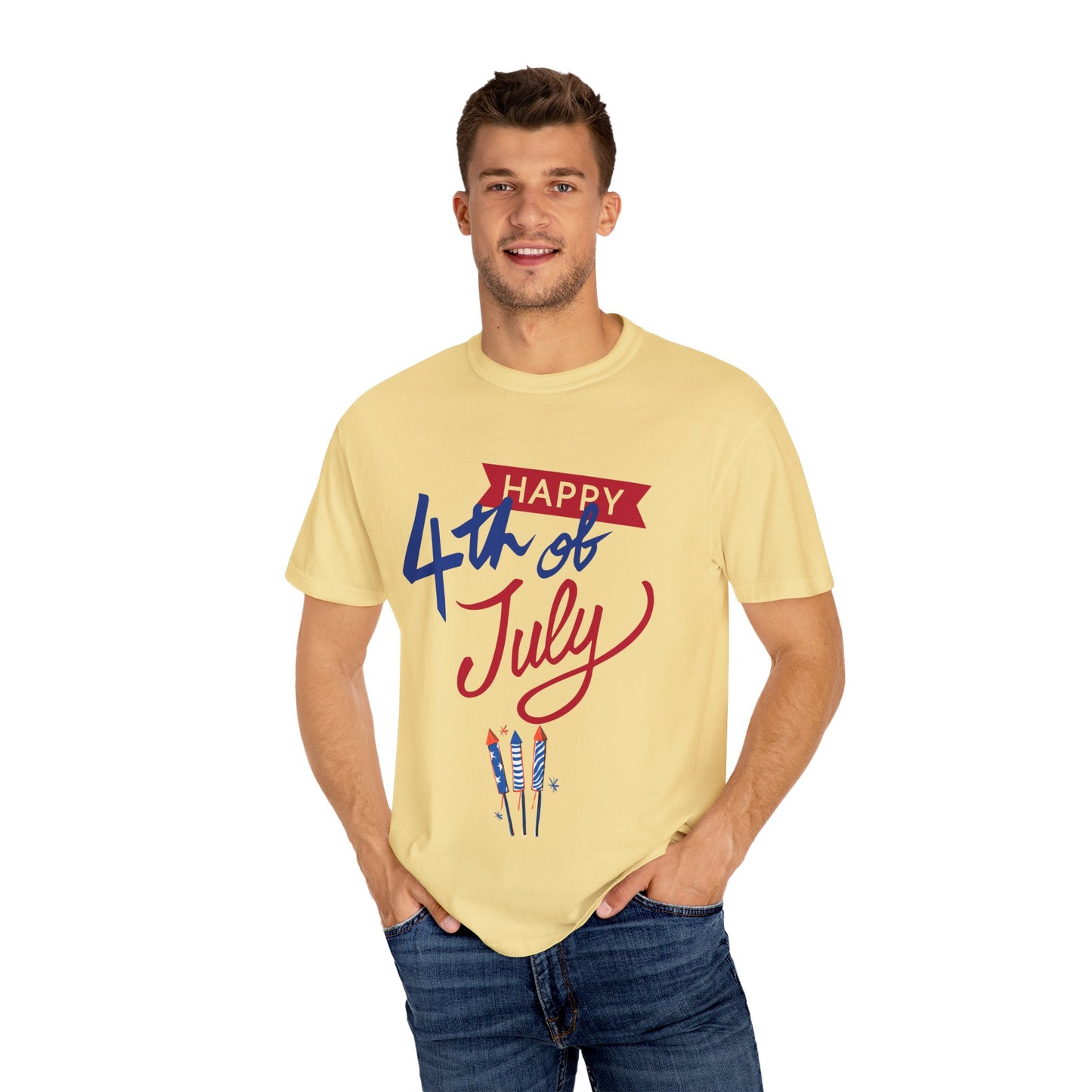 Happy 4th of July Unisex T-shirt, Patriotic Tee for Independence Day, Summer Celebration Shirt, Fireworks Design, Gift for Friends
