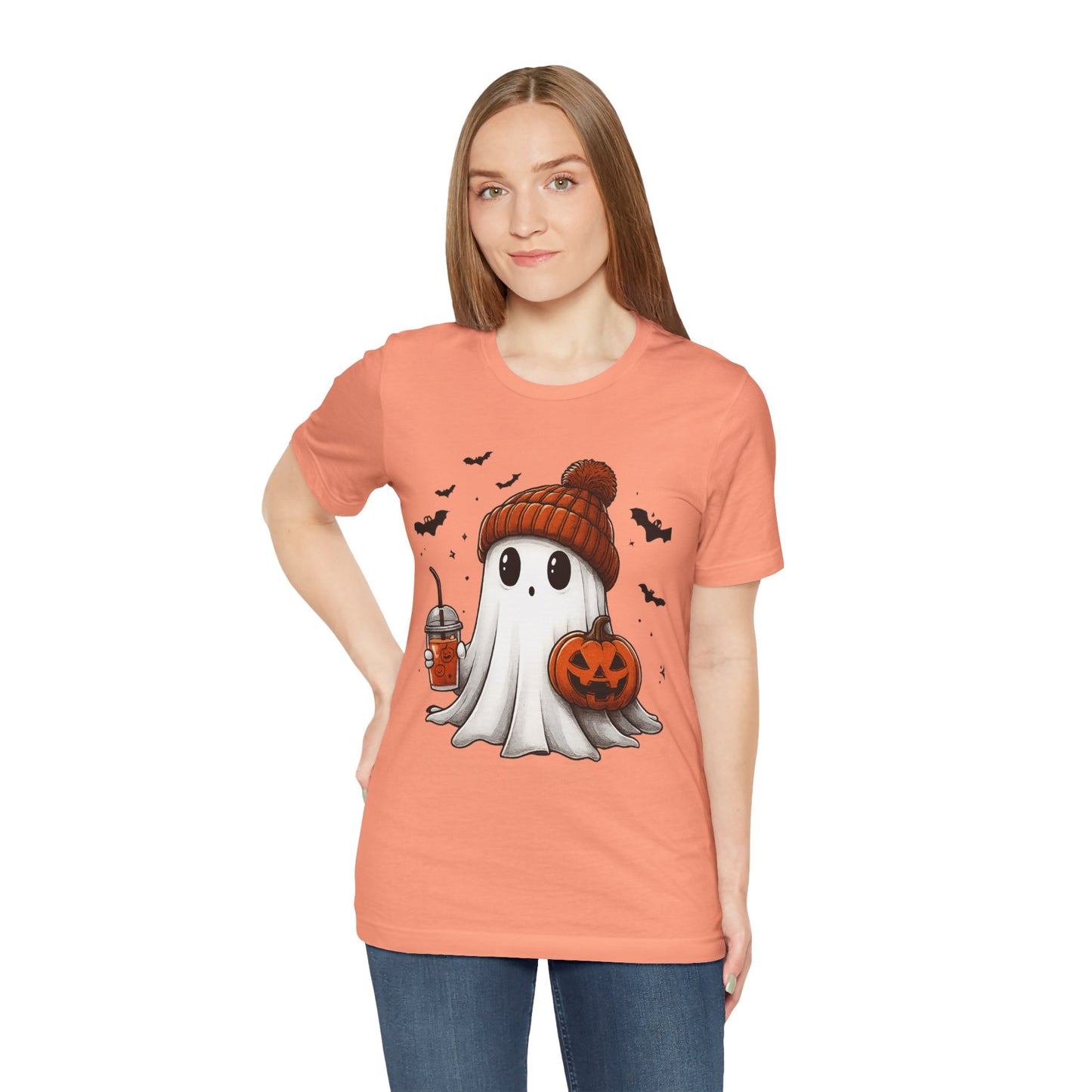 HALLOWEEN GHOST WITH A DRINK Unisex Jersey Short Sleeve Tee