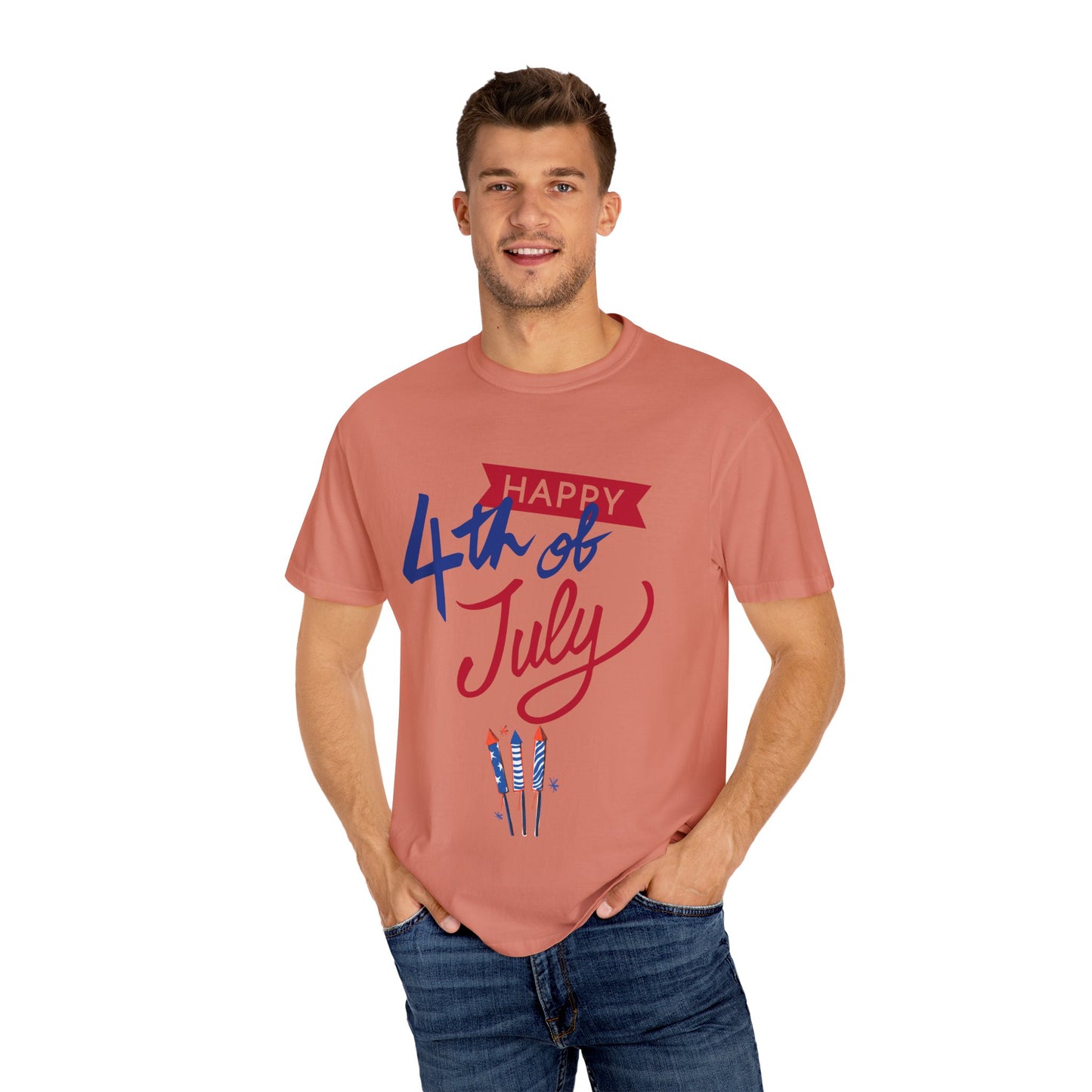 Happy 4th of July Unisex T-shirt, Patriotic Tee for Independence Day, Summer Celebration Shirt, Fireworks Design, Gift for Friends