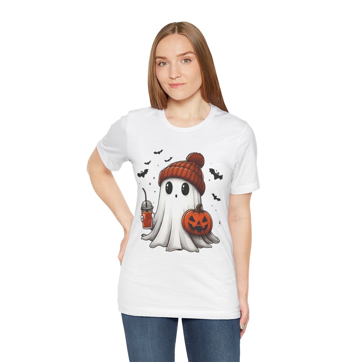 HALLOWEEN GHOST WITH A DRINK Unisex Jersey Short Sleeve Tee