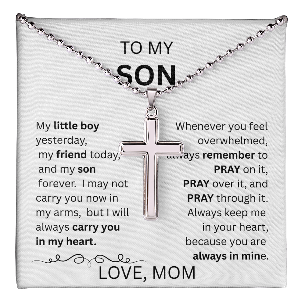 TO MY SON  ARTISAN CROSS NECKLACE WITH SNAKE CHAIN From Mom...MY LITTLE BOY