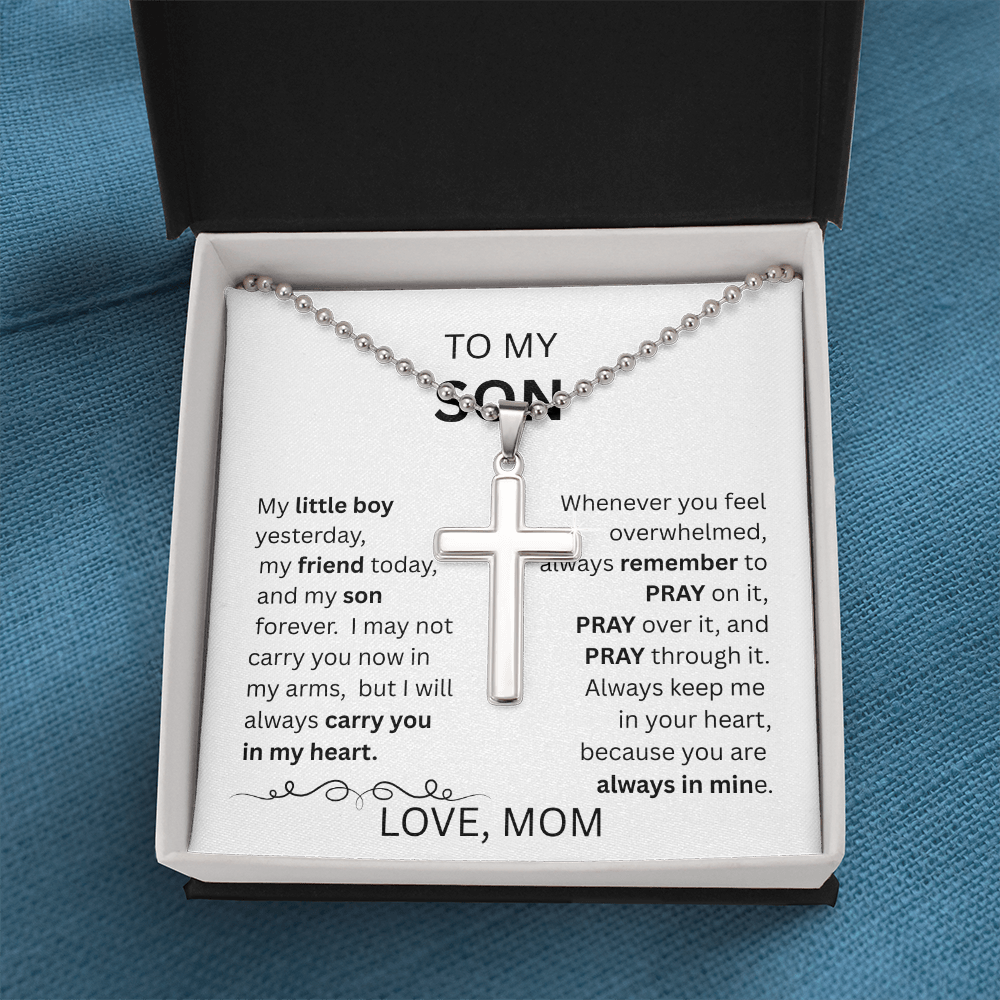 TO MY SON  ARTISAN CROSS NECKLACE WITH SNAKE CHAIN From Mom...MY LITTLE BOY