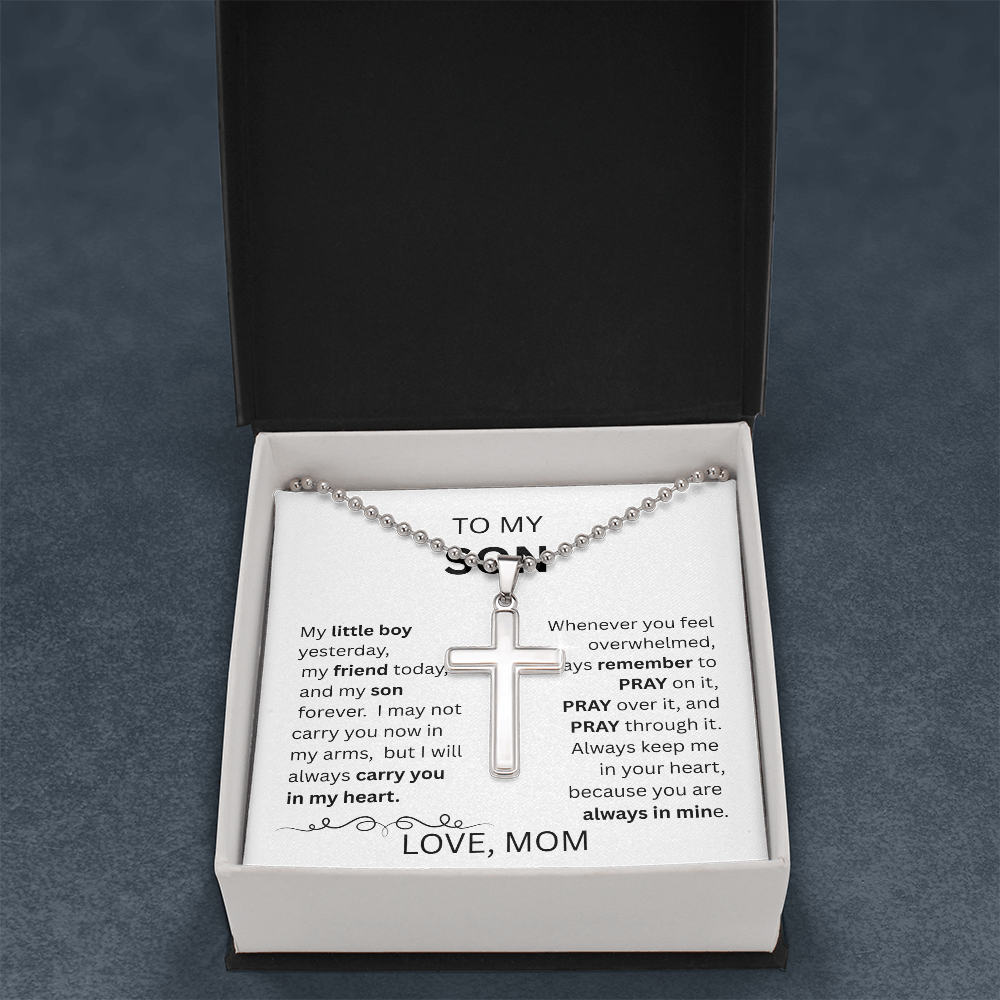 TO MY SON  ARTISAN CROSS NECKLACE WITH SNAKE CHAIN From Mom...MY LITTLE BOY