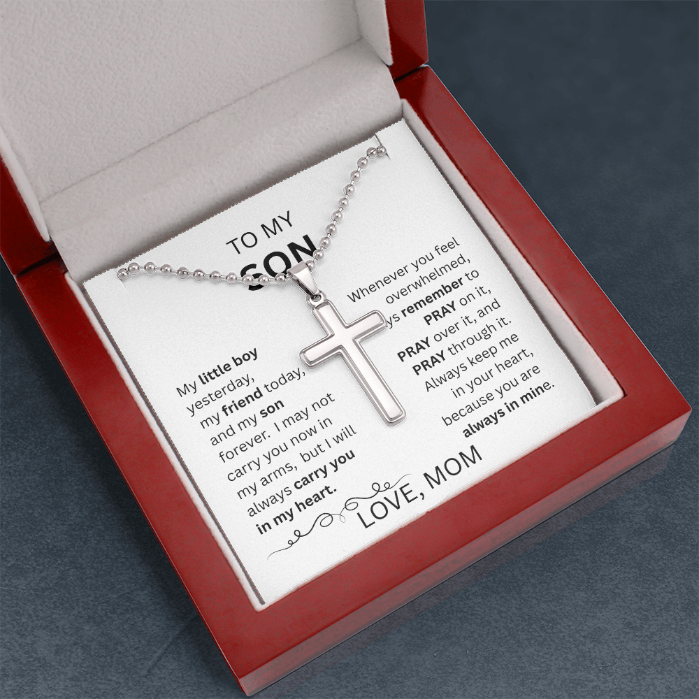 TO MY SON  ARTISAN CROSS NECKLACE WITH SNAKE CHAIN From Mom...MY LITTLE BOY