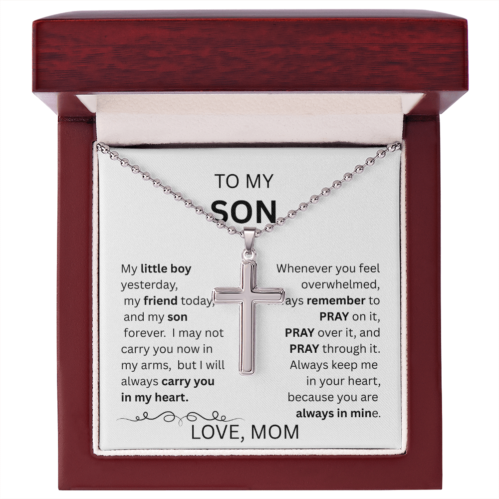 TO MY SON  ARTISAN CROSS NECKLACE WITH SNAKE CHAIN From Mom...MY LITTLE BOY
