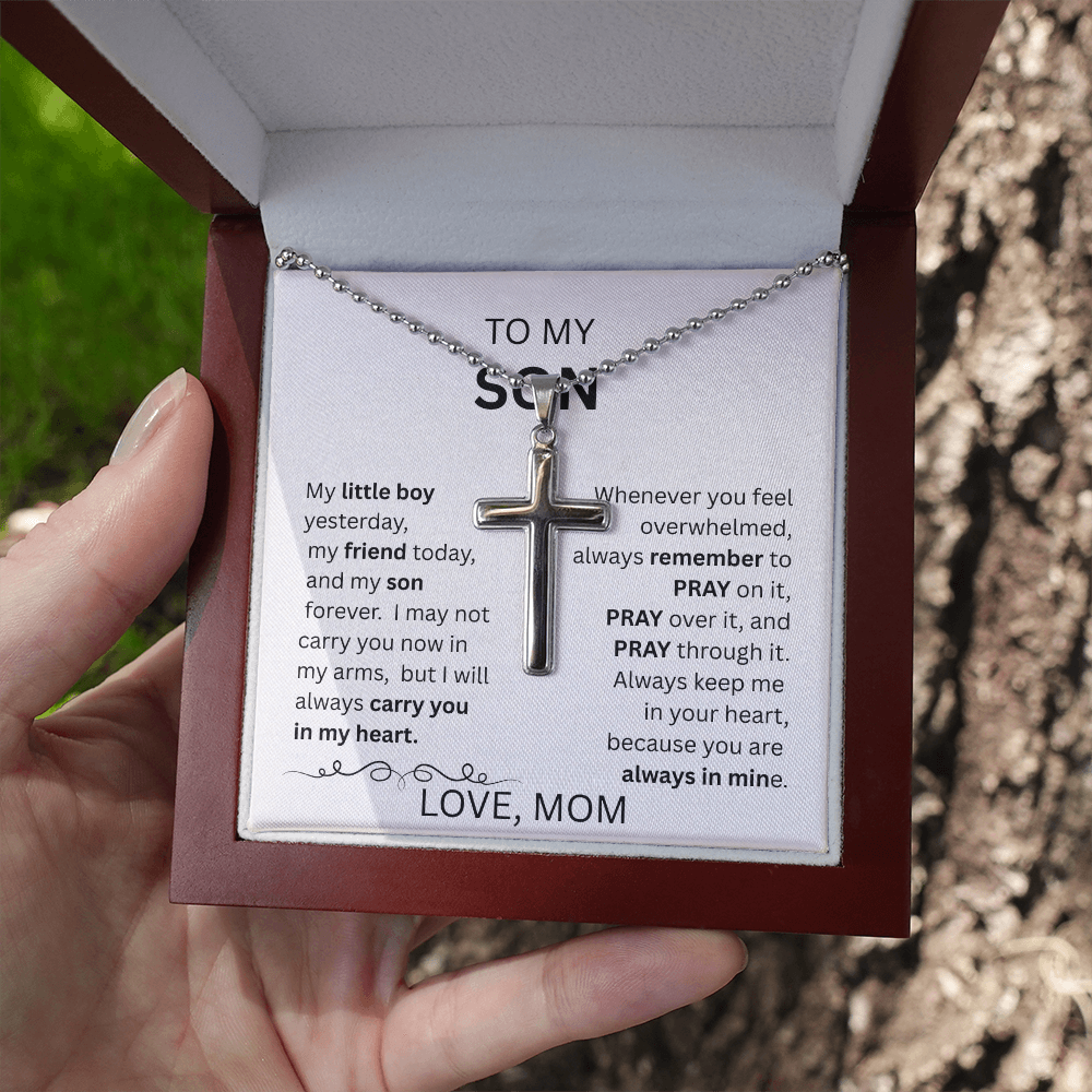 TO MY SON  ARTISAN CROSS NECKLACE WITH SNAKE CHAIN From Mom...MY LITTLE BOY