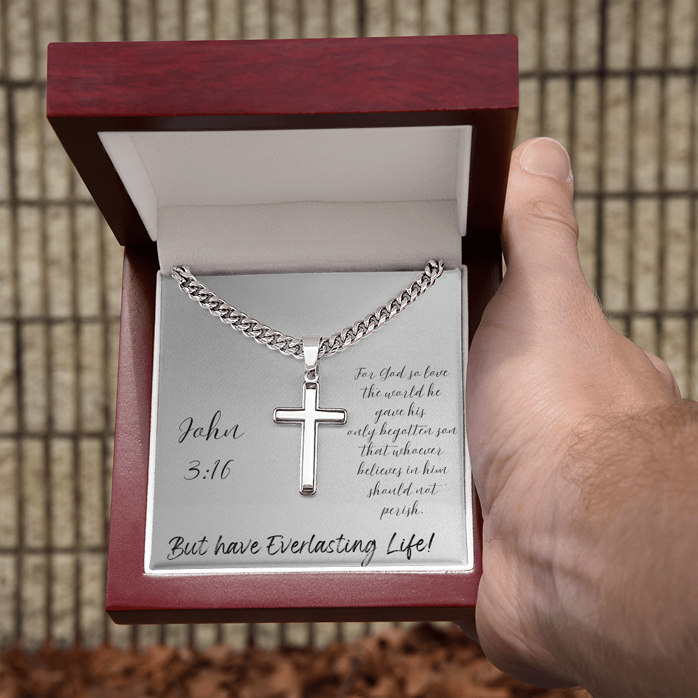 CHAIN WITH  ARTISAN CROSS NECKLACE with message card John 3:16