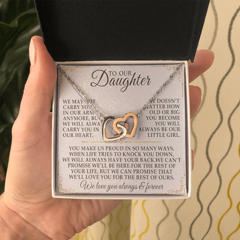 TO OUR DAUGHTER INTERLOCKING HEART NECKLACE from Mom and Dad NOT CARRY YOU